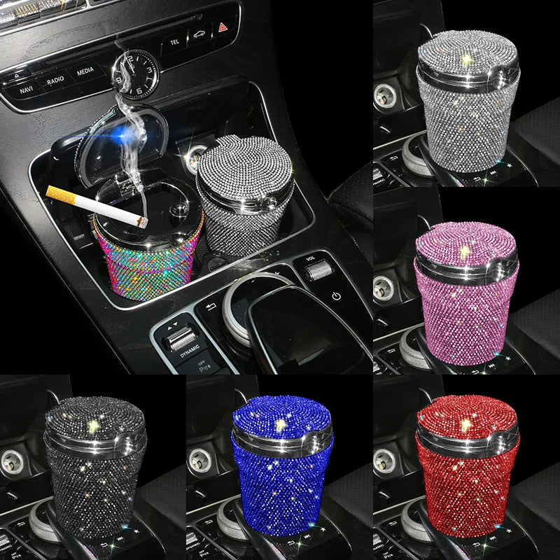 Portable Smokeless Car Ashtray with LED Light – Bling Design Auto Cup Holder Accessory - Delicate Leather  