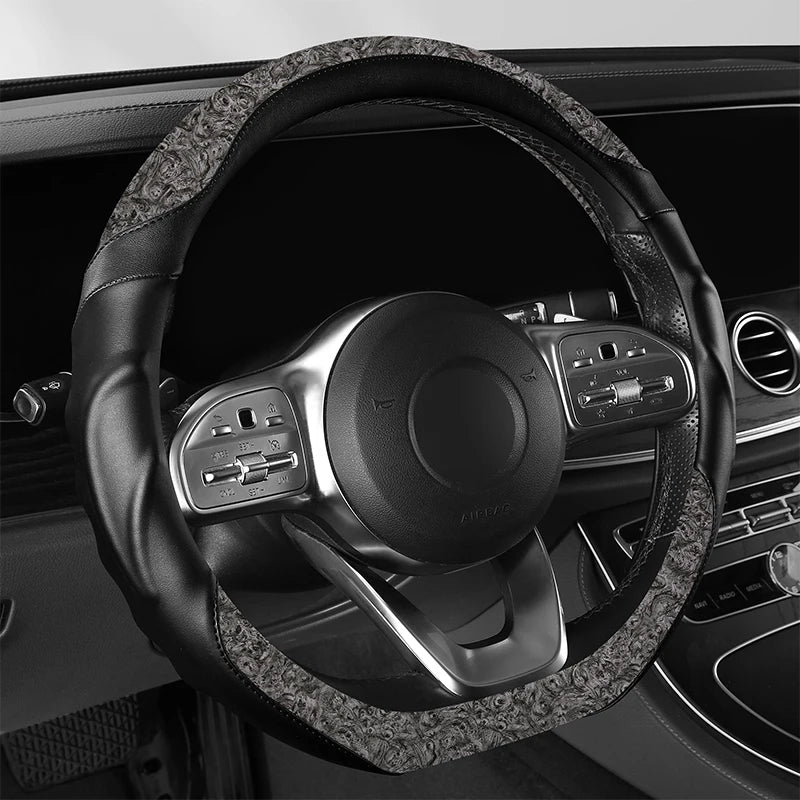 Wood Grain Leather Steering Wheel Cover – Anti-Slip, Universal Fit 14.5–15 Inch, Comfortable All-Season Grip - Delicate Leather  