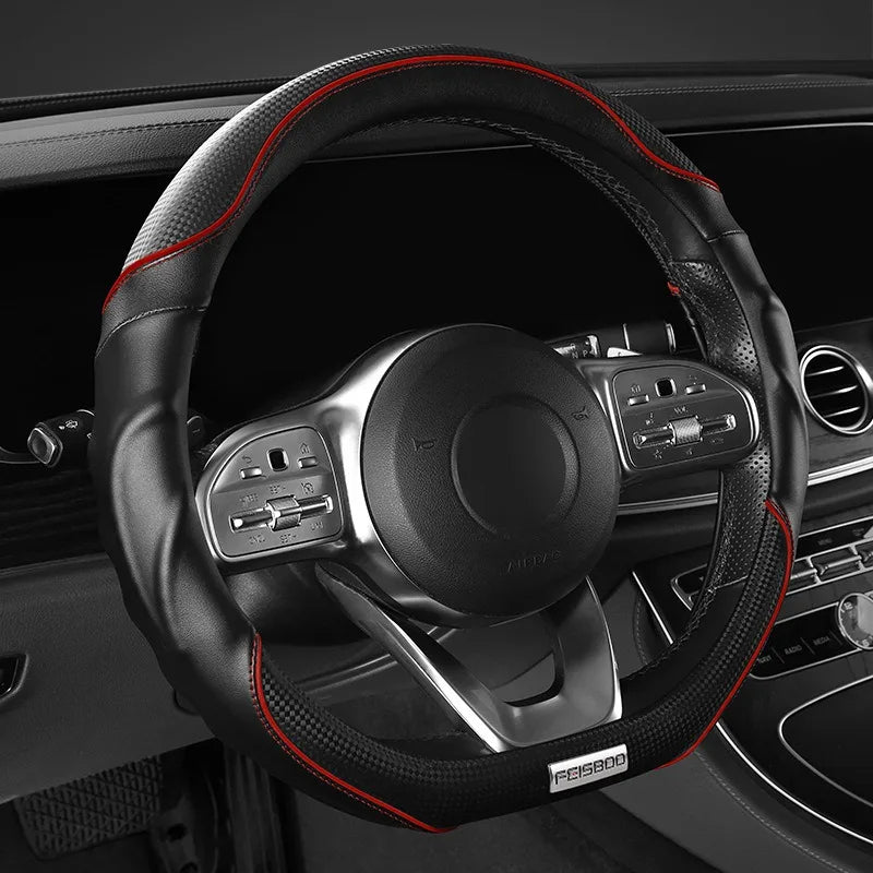 Nappa Leather Car Steering Wheel Cover – Universal Anti-Slip Carbon Fiber Cover 14.5–15 Inch - Delicate Leather  