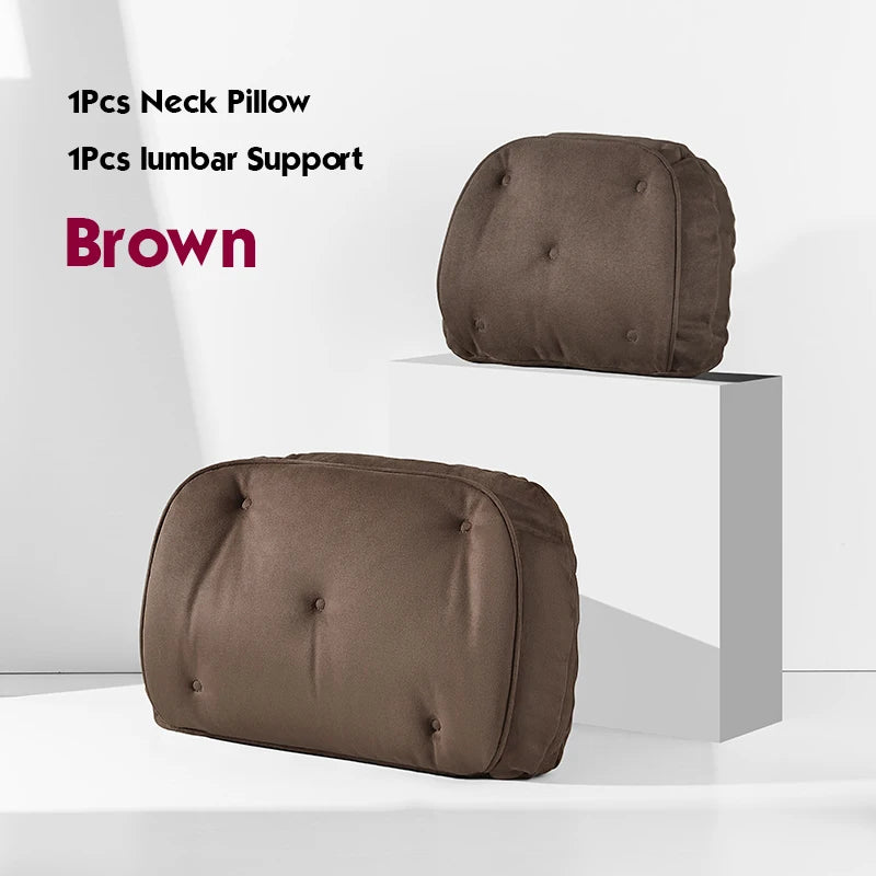 Memory Foam Car Neck Pillow & Lumbar Support Set – Breathable Seat Comfort Cushions - Delicate Leather  