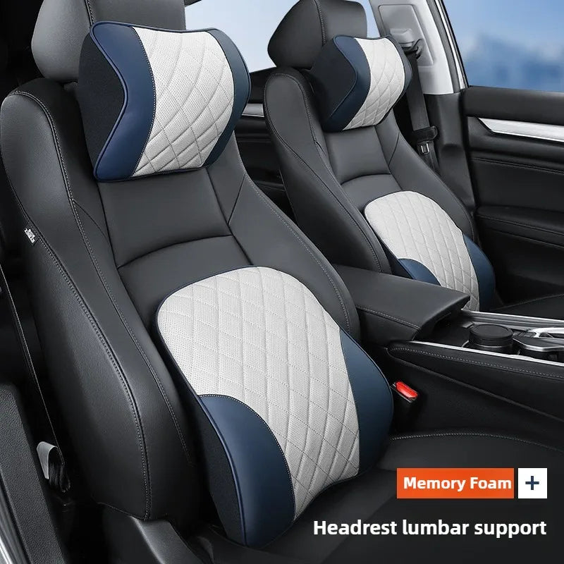 Comfort Nappa Leather Car Headrest & Lumbar Support Set – Soft Memory Foam Neck Pillow & Waist Cushion for Car Seats and Office Chairs - Delicate Leather  