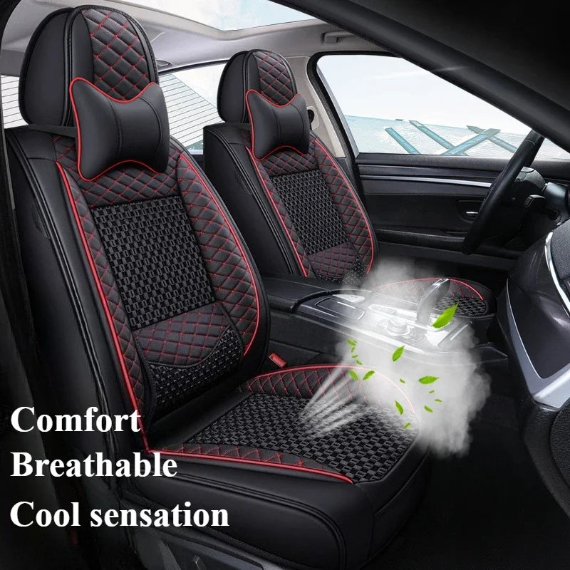 Premium PU Leather & Ice Silk Car Seat Covers with Lumbar Support – Breathable, Wear-Resistant Full Wrap Set (Includes Headrest) - Delicate Leather  