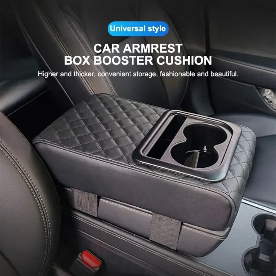 Car Center Console Armrest Cushion with Dual Cup Holders – PU Leather Armrest Height Pad - Delicate Leather  