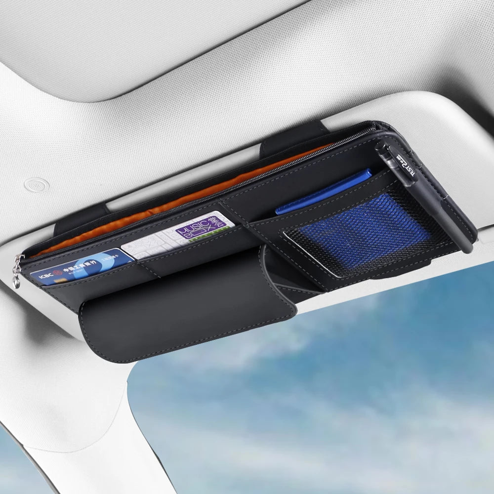 Car Sun Visor Organizer – PU Leather Storage with Glasses Holder, Card & Pen Slots - Delicate Leather  