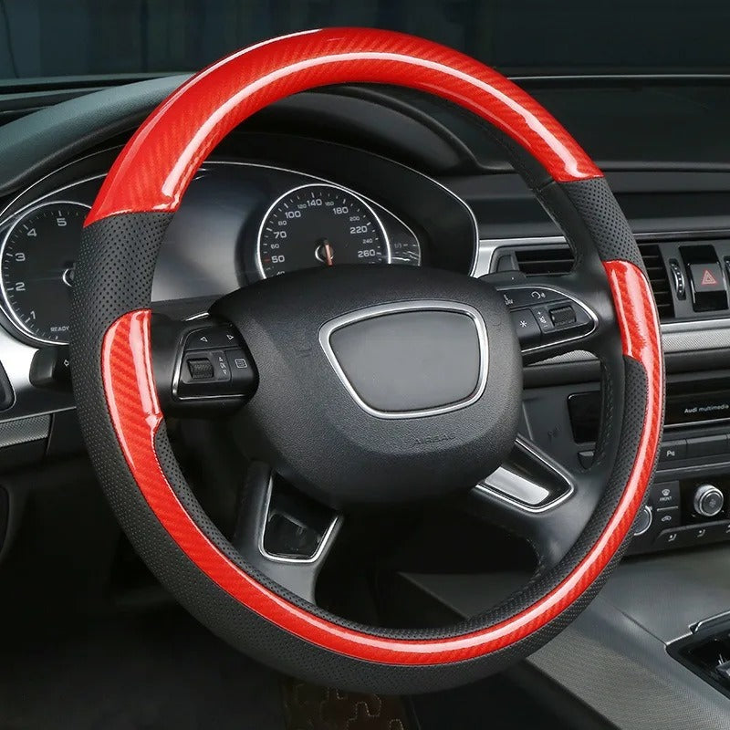 Universal Carbon Fiber Leather Steering Wheel Cover 38cm – Non-Slip Microfiber Leather Steering Wheel Grip for Cars, SUVs & Trucks - Delicate Leather