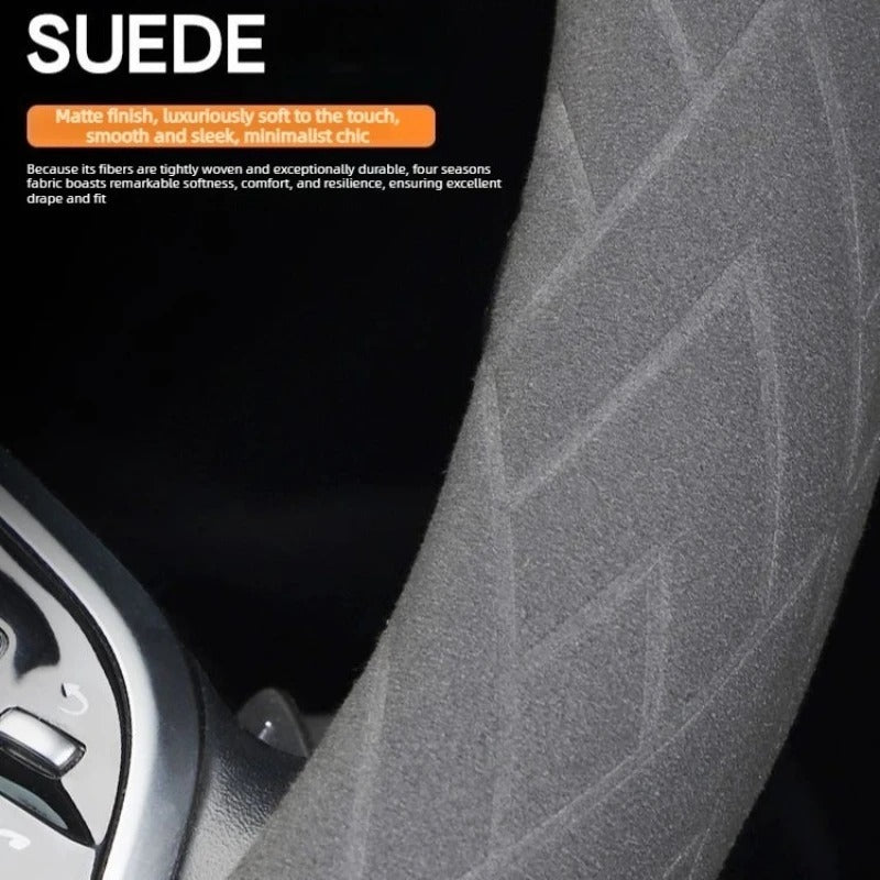 Suede Steering Wheel Cover – Universal 38cm O/D Shape Anti-Slip All-Season Grip - Delicate Leather  