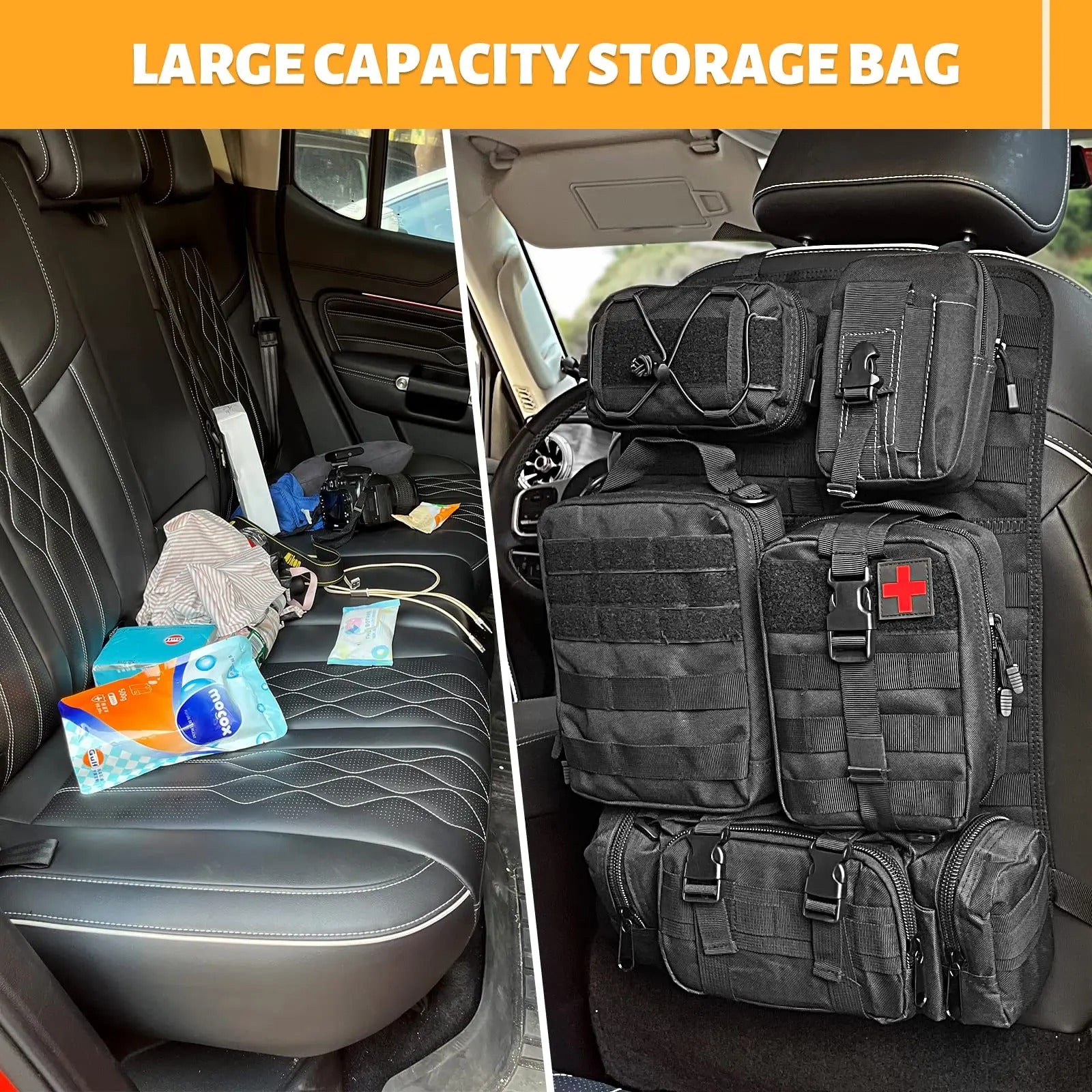 Tactical Car Seat Back Organizer with 5 Detachable Pouches