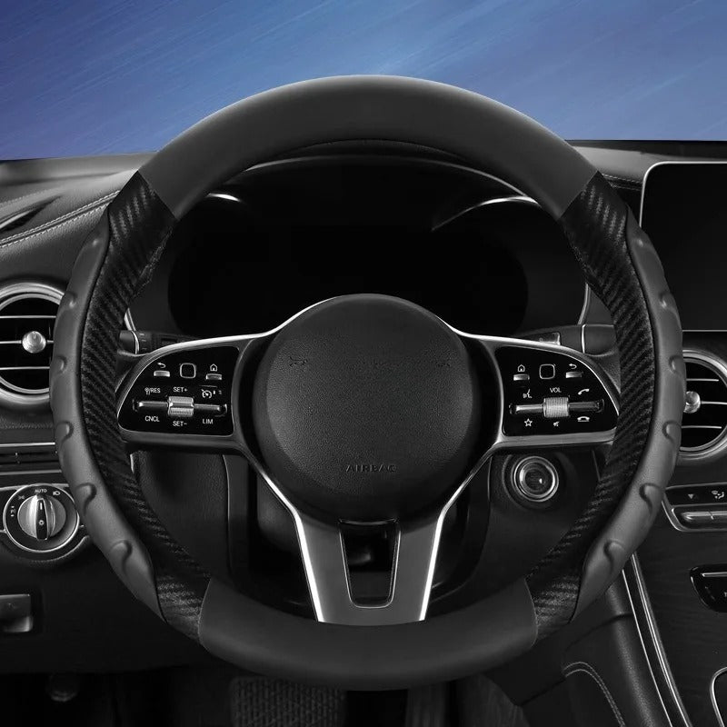 Carbon Fiber Leather Steering Wheel Cover – Universal O/D Shape Non-Slip Grip - Delicate Leather