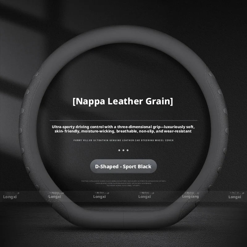 Nappa Leather Steering Wheel Cover – Universal Round & D-Shape Anti-Slip All-Season Grip - Delicate Leather  