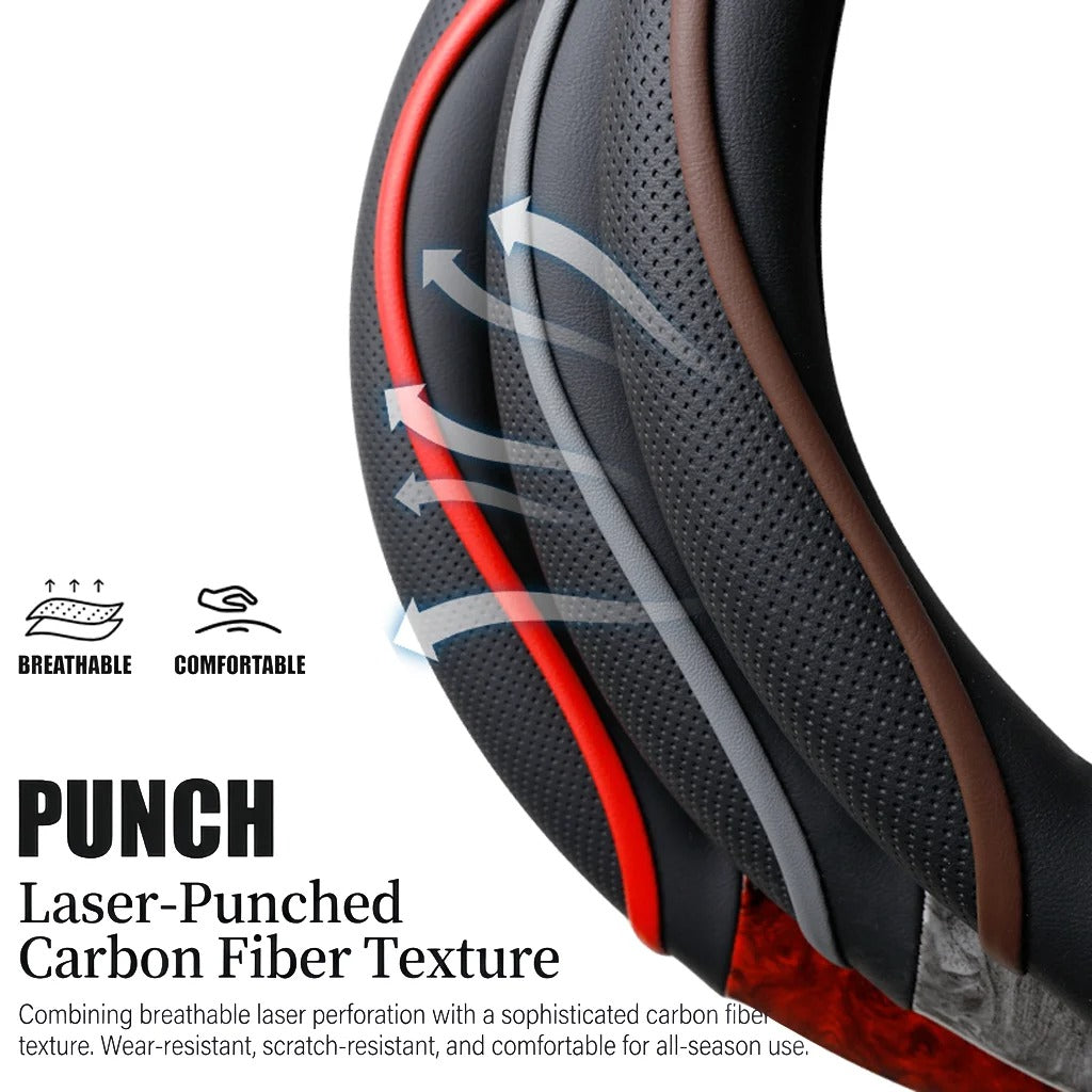Color-Block PU Leather Steering Wheel Cover – Breathable Non-Slip 38CM/15-Inch Universal Fit - Delicate Leather