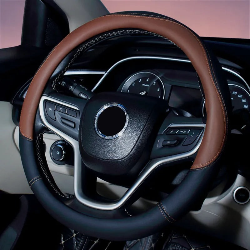 Color Splicing Leather Steering Wheel Cover – Universal 38CM Non-Slip All-Season Grip - Delicate Leather