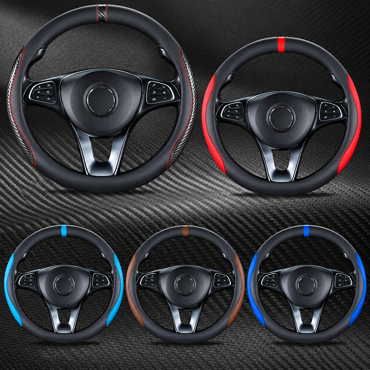 Carbon Fiber Style Steering Wheel Cover 36–38cm – Breathable Anti-Slip O/D-Shaped Grip - Delicate Leather