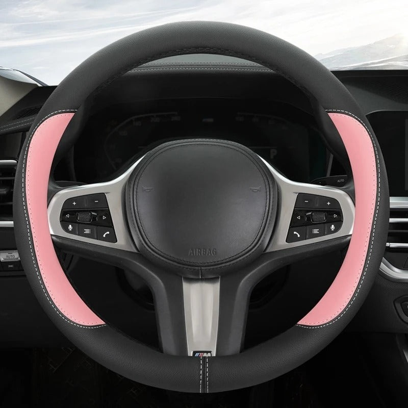 Color-Blocked PU Leather Steering Wheel Cover – Universal 14.5–15 Inch Breathable Non-Slip Grip - Delicate Leather