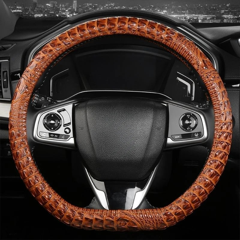 Crocodile-Texture Leather Steering Wheel Cover – Anti-Slip, Universal 14.5–15 Inch (37–38cm)