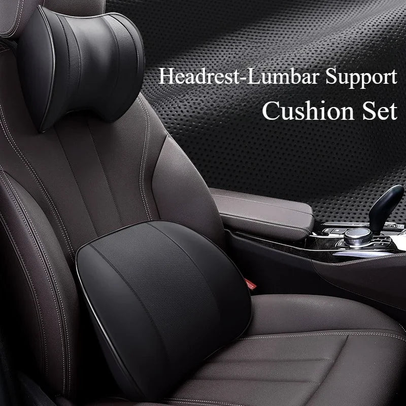 Ventilated Memory Foam Car Neck & Lumbar Pillow – Slow Rebound, Universal Seat Support - Delicate Leather  