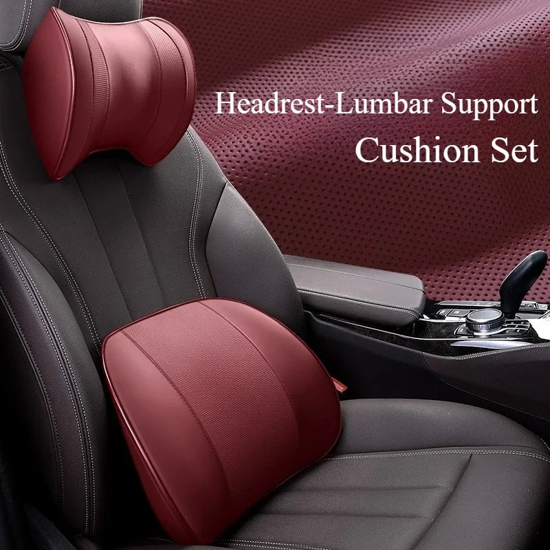 Ventilated Memory Foam Car Neck & Lumbar Pillow – Slow Rebound, Universal Seat Support - Delicate Leather  