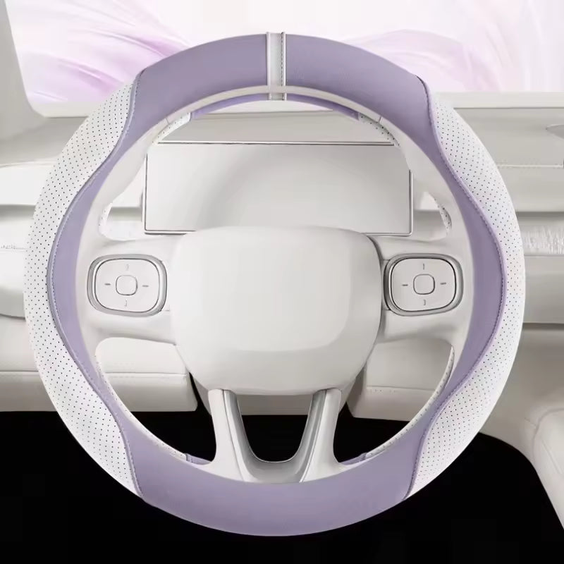 Suede Steering Wheel Cover – Universal 38CM Cute Non-Slip O/D Shape Grip - Delicate Leather