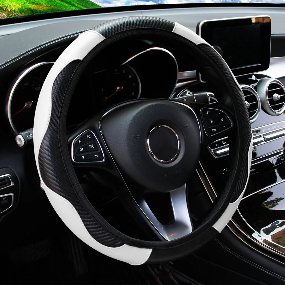 PU Carbon Fiber Steering Wheel Cover – Fits 14.5 to 15 Inch Wheels - Delicate Leather  