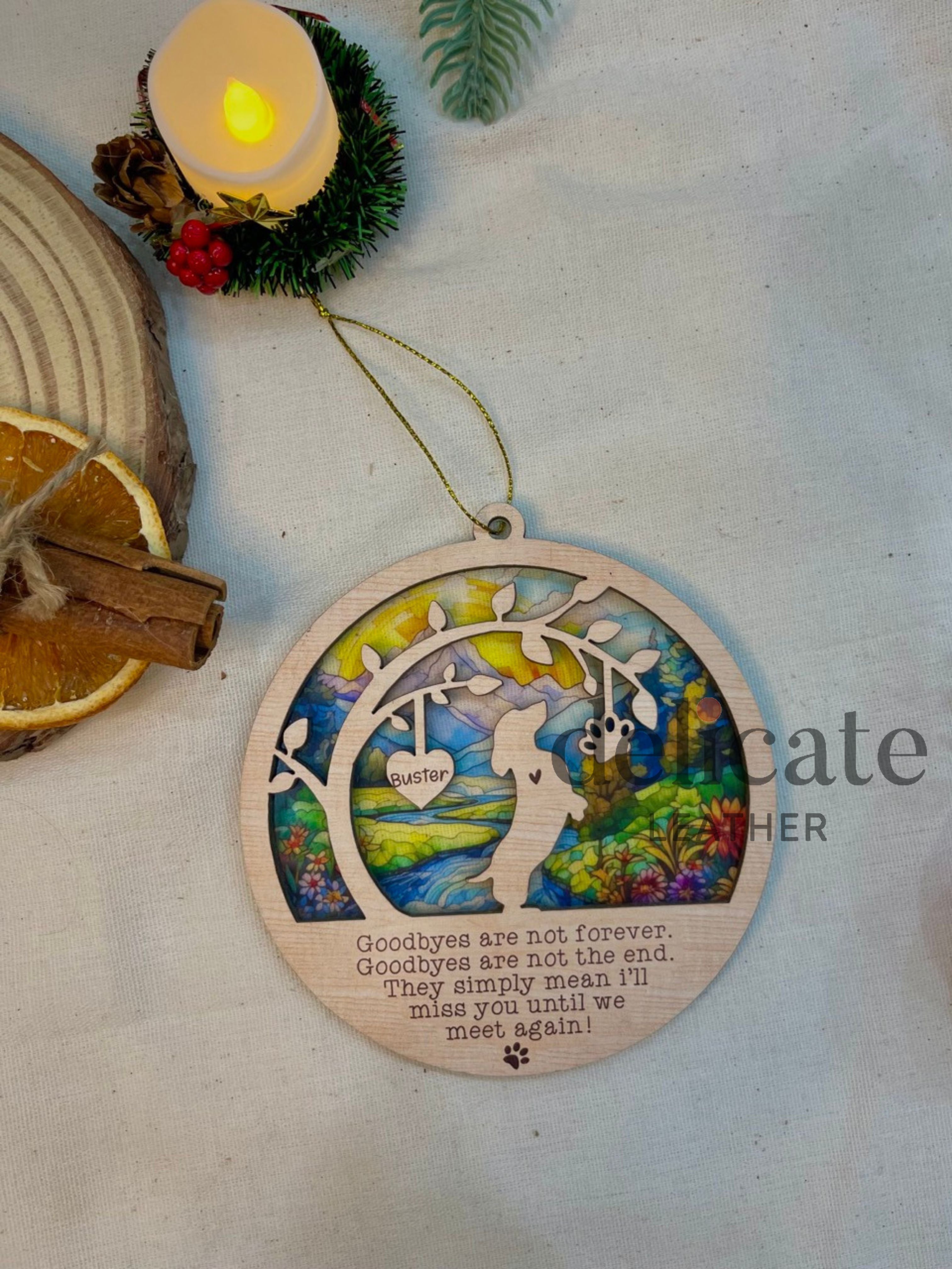 Loss of Pet Dog Silhouette Suncatcher Ornament – "Goodbyes Are Not Forever" Custom Personalized Acrylic & Wood Decoration