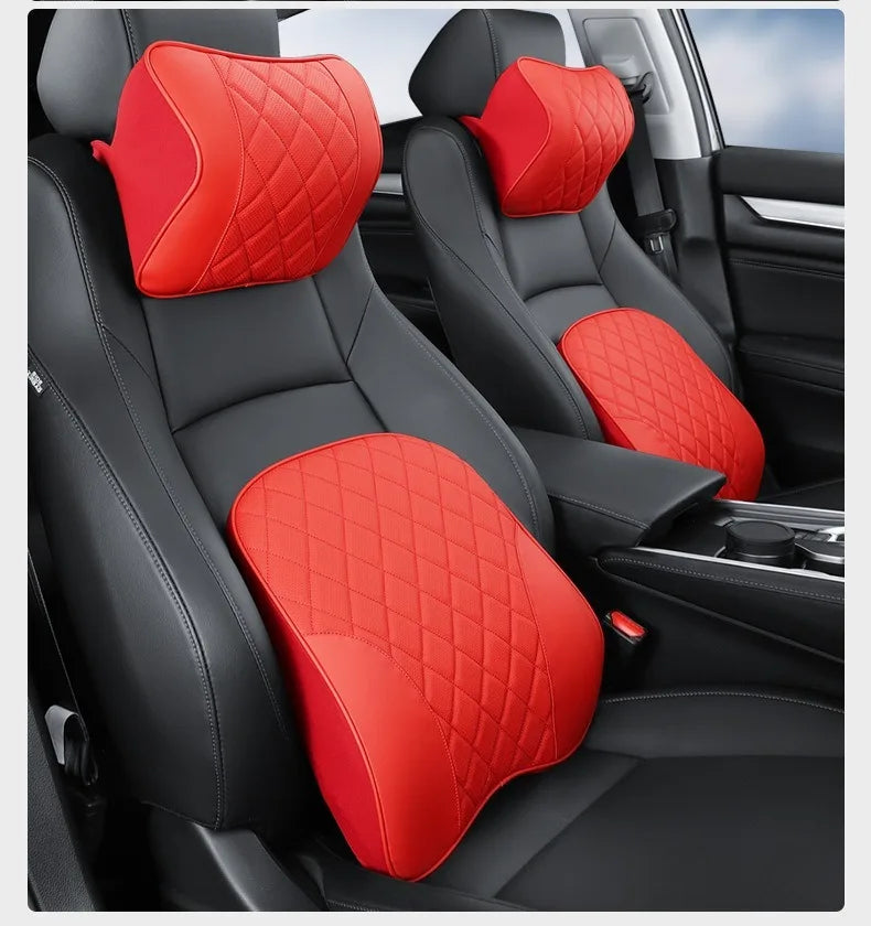 Nappa Leather Car Headrest & Lumbar Support Set – Memory Foam Neck and Waist Cushion - Delicate Leather  