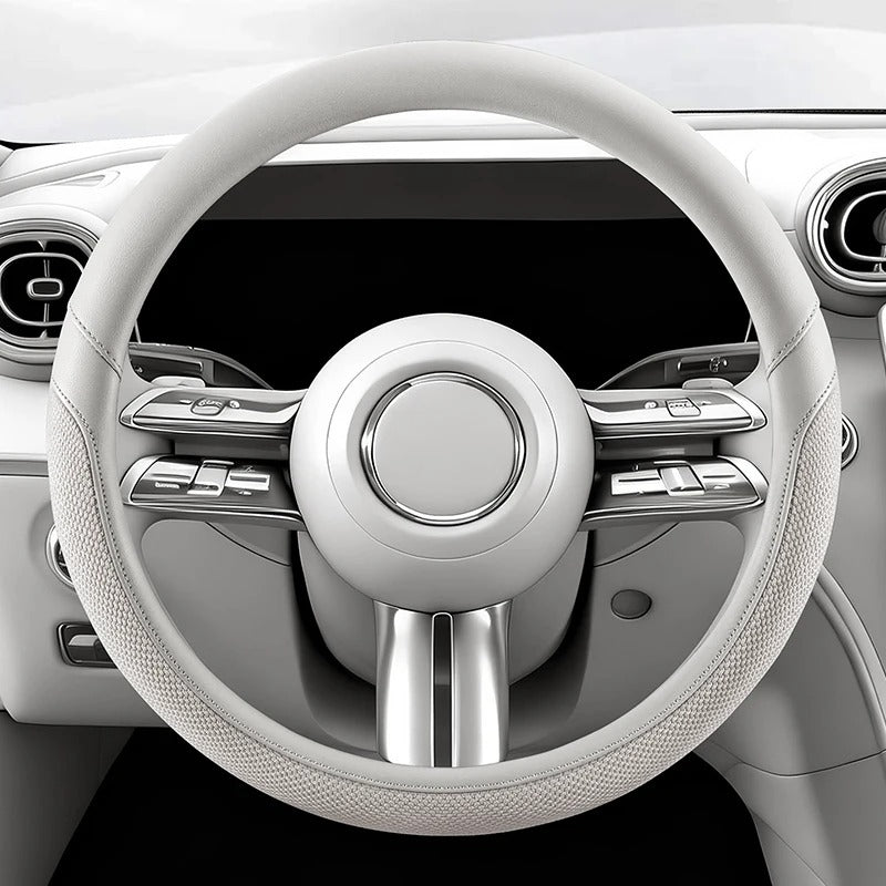 Universal PU Leather & Ice Silk Steering Wheel Cover 38cm – Breathable Anti-Slip O-Type Car Steering Wheel Protector - Delicate Leather