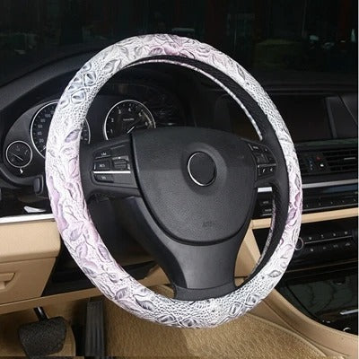 Leather Steering Wheel Cover with Carved Pattern – Non-Slip Grip, Universal Fit 37-38 cm, All-Season Design - Delicate Leather  