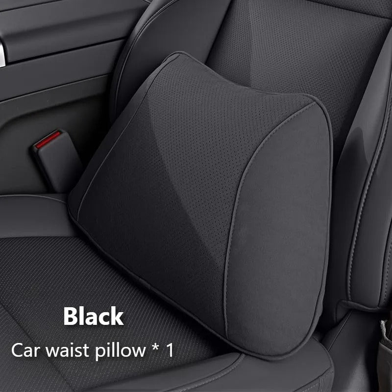 Premium Suede Car Neck & Lumbar Support Pillow Set – Universal Headrest and Waist Cushion for Cars, SUVs & Trucks - Delicate Leather