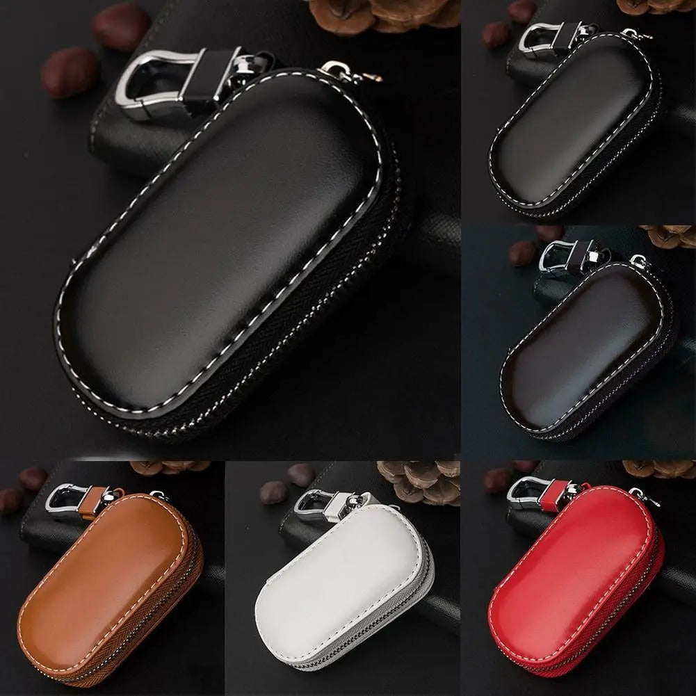 Universal Car Key Case – PU Leather Key Fob Pouch with Zipper and Chain Hook - Delicate Leather  