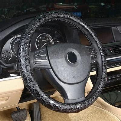 Leather Steering Wheel Cover with Carved Pattern – Non-Slip Grip, Universal Fit 37-38 cm, All-Season Design - Delicate Leather  