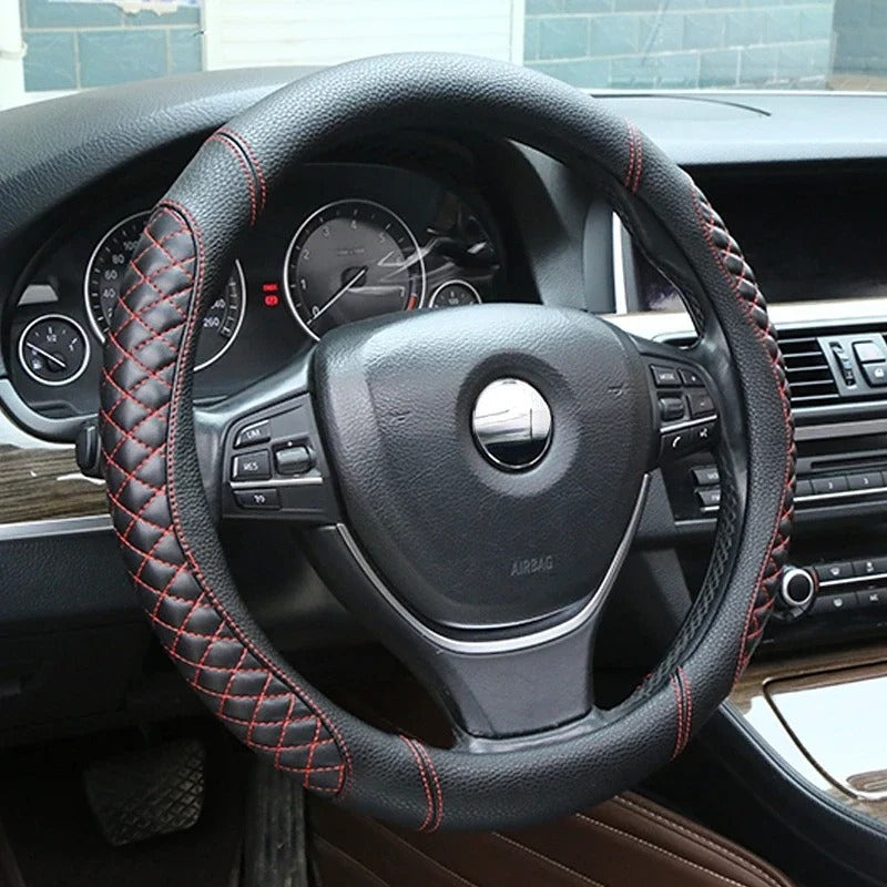 Universal Leather Steering Wheel Cover – Anti-Slip Steering Wheel Protector (37–38 cm) - Delicate Leather