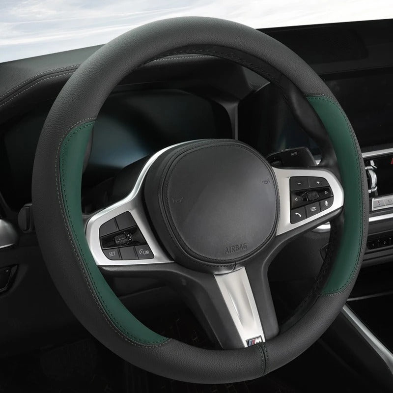 Color-Blocked PU Leather Steering Wheel Cover – Universal 14.5–15 Inch Breathable Non-Slip Grip - Delicate Leather