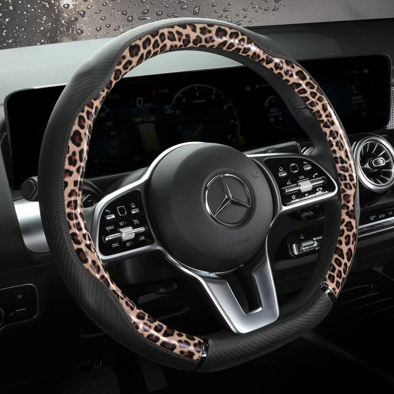 Leopard-Pattern Leather Steering Wheel Cover – Universal 38 cm Fit, Non-Slip, Decorative Car Interior Accessory - Delicate Leather  