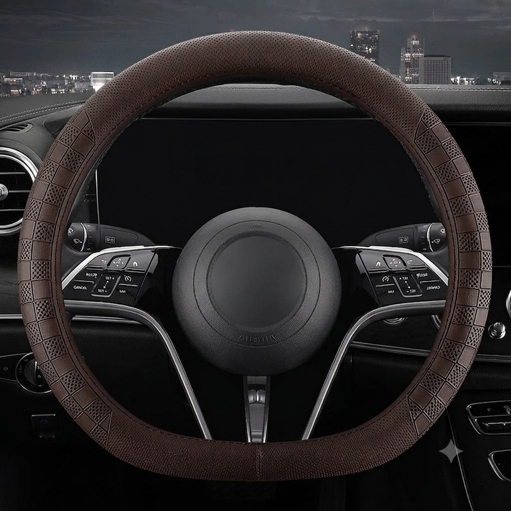 Genuine Leather Steering Wheel Cover – Universal 37–38CM Breathable Non-Slip Grip - Delicate Leather