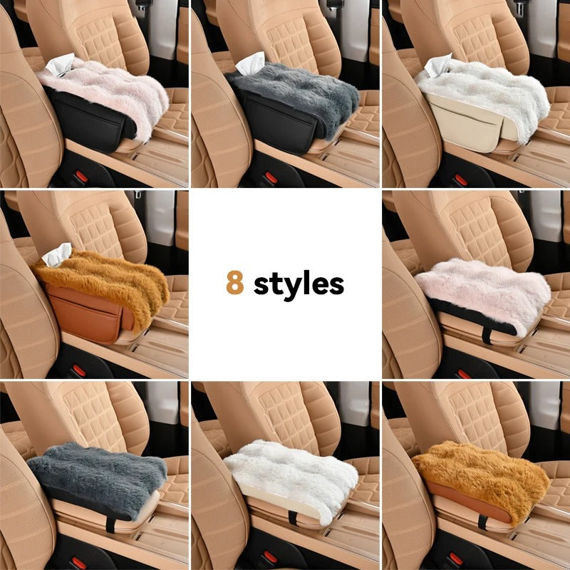 Plush Car Armrest Cushion with Storage Pocket – Universal Center Console Heightening Pad for All Seasons - Delicate Leather  