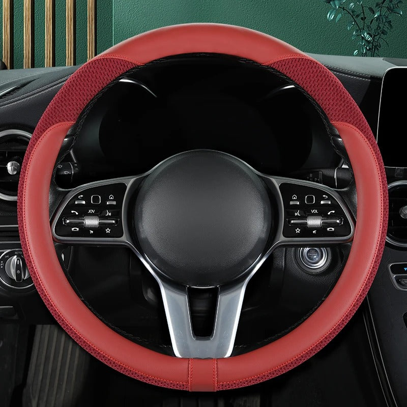 Premium Leather & Ice Silk Steering Wheel Cover – Breathable Mesh, Stitched Design, Universal 14.5–15 Inch, All Seasons - Delicate Leather  