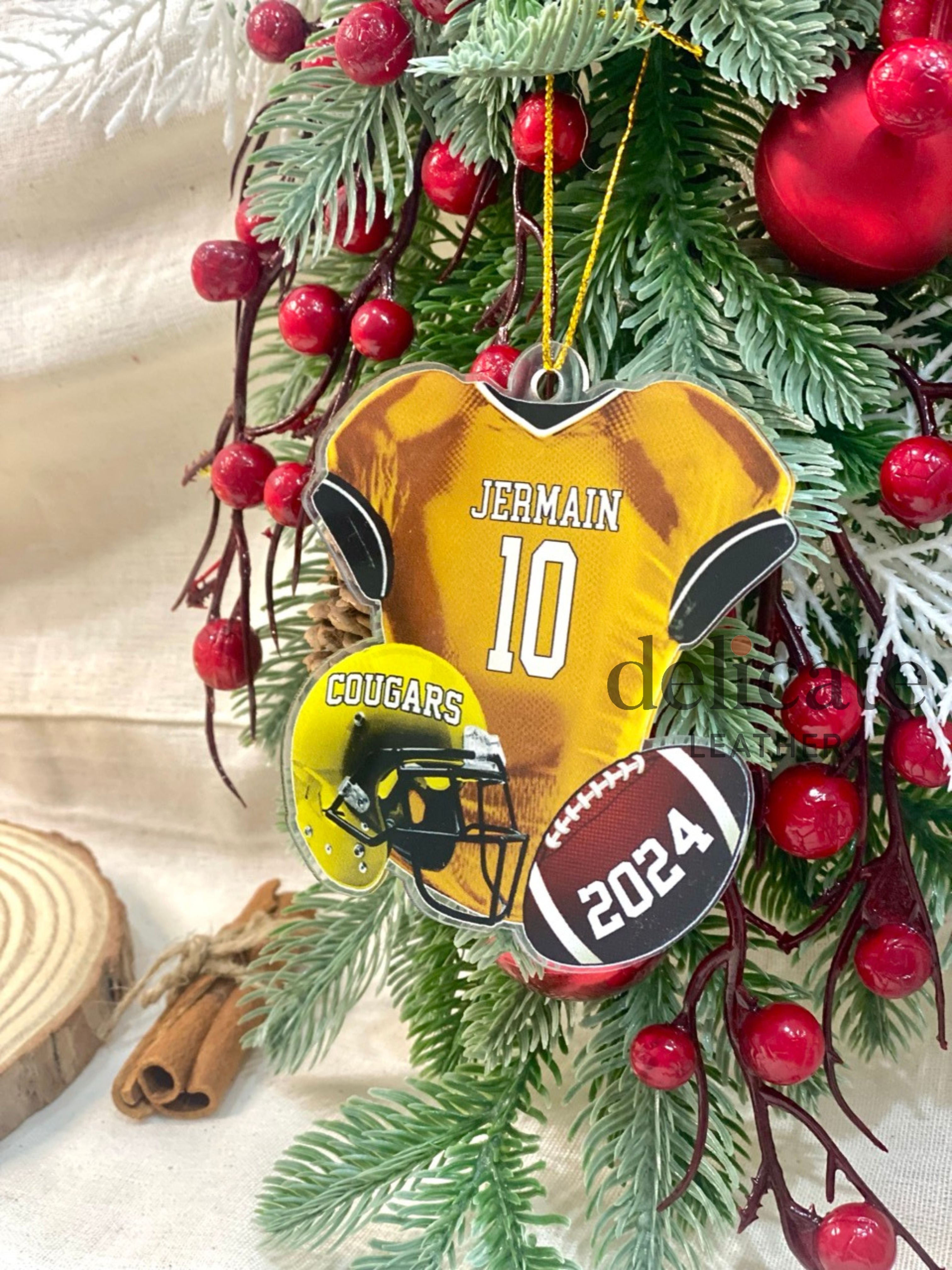 Personalized Football Helmet & Ball Ornament – Custom Football Uniform Christmas Ornament, Perfect Gift for Football Lovers