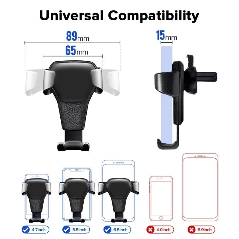 Universal Gravity Auto Phone Holder - Air Vent Clip Mount for iPhone 14, Xiaomi, and All 4.7-6.5 Inch Smartphones