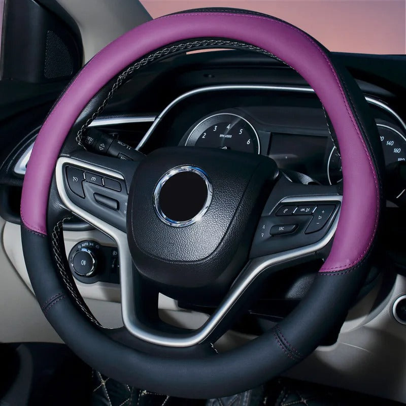 Color Splicing Leather Steering Wheel Cover – Universal 38CM Non-Slip All-Season Grip - Delicate Leather