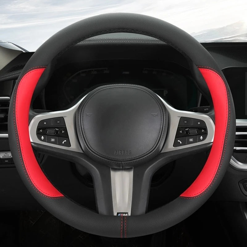 Color-Blocked PU Leather Steering Wheel Cover – Universal 14.5–15 Inch Breathable Non-Slip Grip - Delicate Leather