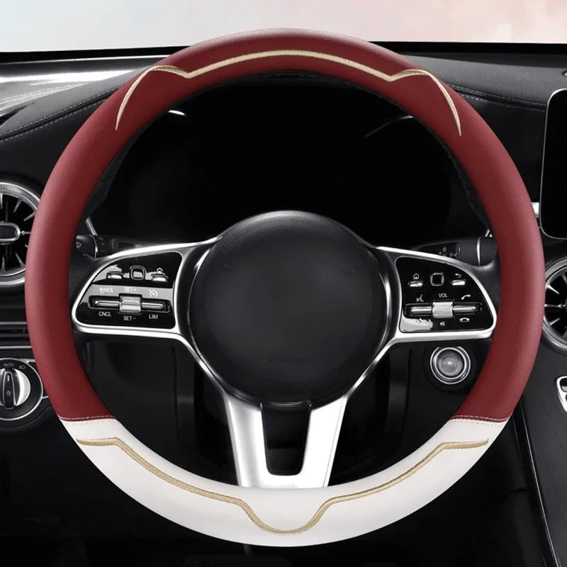 Universal Steering Wheel Cover – Pink and White, 15-Inch Anti-Slip Design - Delicate Leather  