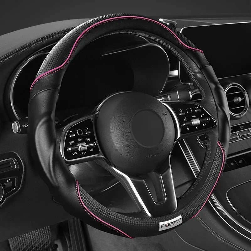 Nappa Leather Steering Wheel Cover with Carbon Fiber Pattern – Universal Fit 38cm, Non-Slip, All-Season Design - Delicate Leather  