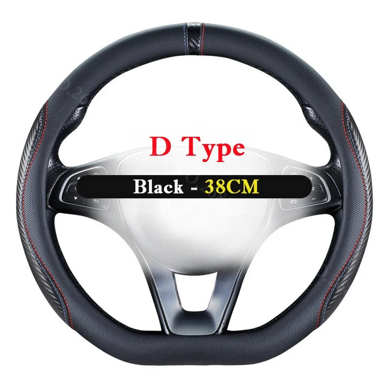 Carbon Fiber Style Steering Wheel Cover 36–38cm – Breathable Anti-Slip O/D-Shaped Grip - Delicate Leather