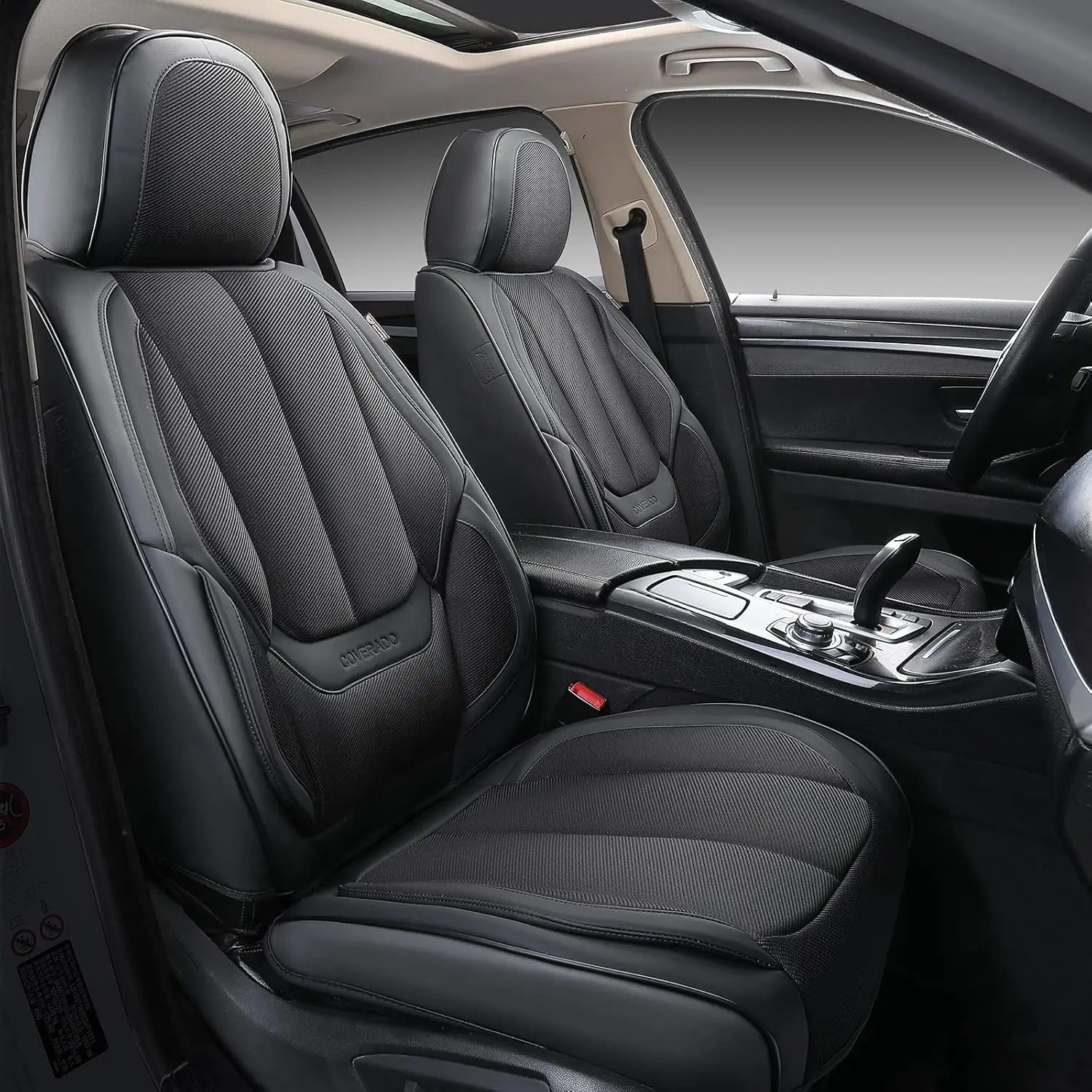 Seat Covers Full Set – Breathable Fabric & Leather, Waterproof, Universal Fit (Black/Red)