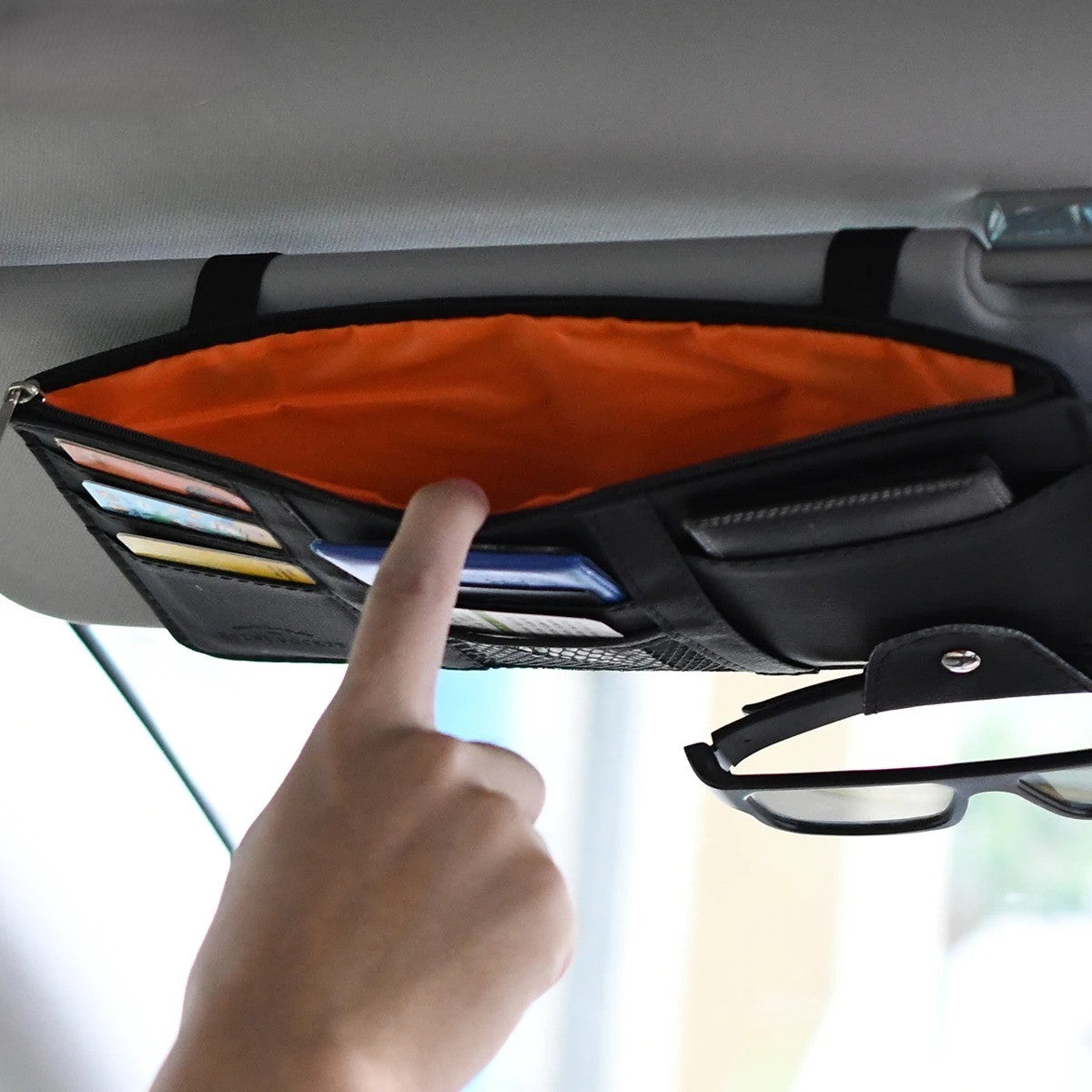 Car Glasses Storage PU Leather Multi-Function Sun Visor Organizer