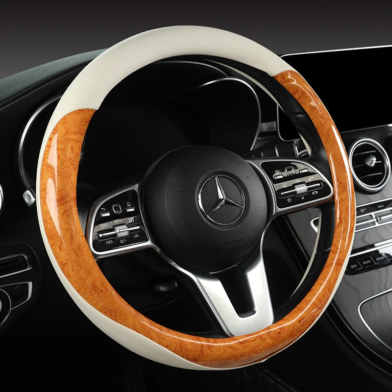 Anti-Slip Leather Steering Wheel Cover – Universal 38cm O/D Shape Interior Accessory - Delicate Leather  