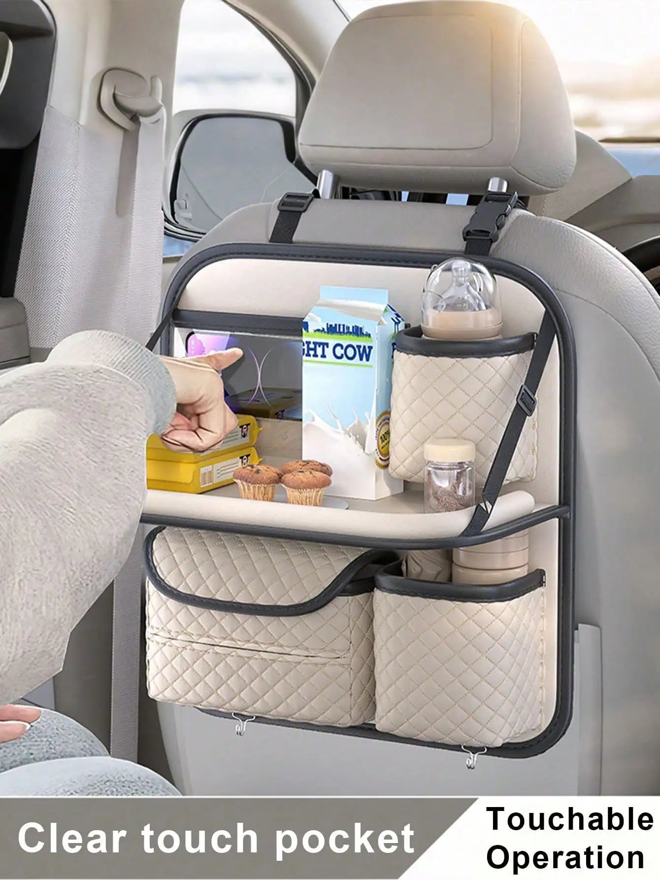 PU Leather Car Backseat Organizer – Multi-Functional Seat Back Storage Bag, Hanging Pouch for Phones, Bottles & Accessories - Delicate Leather  