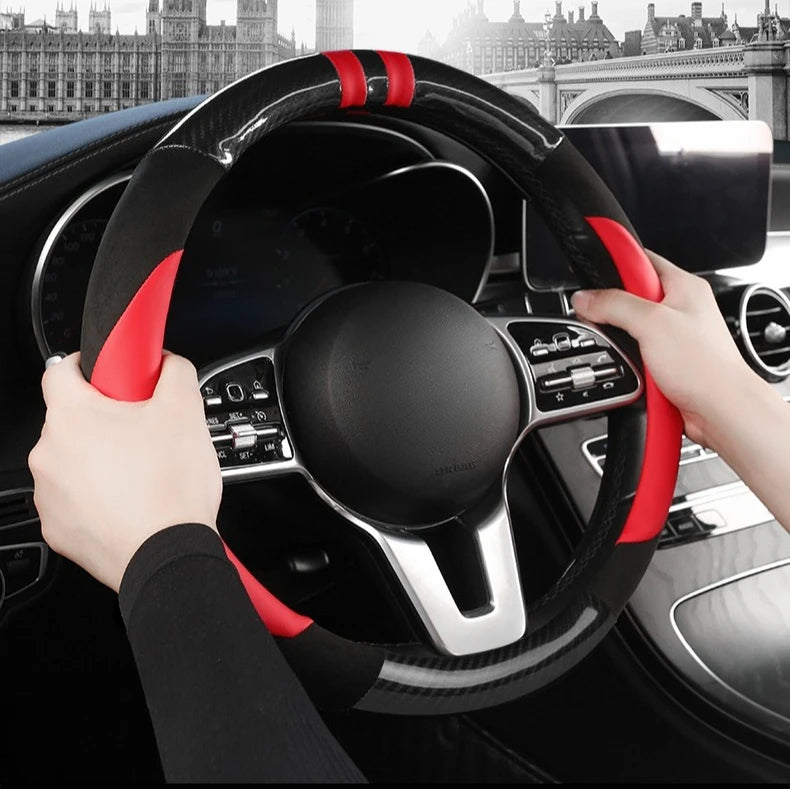 Color-Block Steering Wheel Cover – PU Leather & Suede Anti-Slip 14.5–15 Inch Universal Accessory - Delicate Leather  