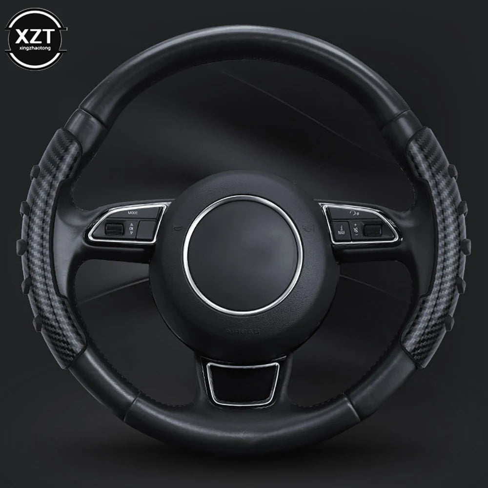 Universal Car Steering Wheel Handle Cover – Carbon Fiber & Peach Wood Grain Design | Anti-Slip, Durable, Massage Grip, Car Accessories - Delicate Leather  