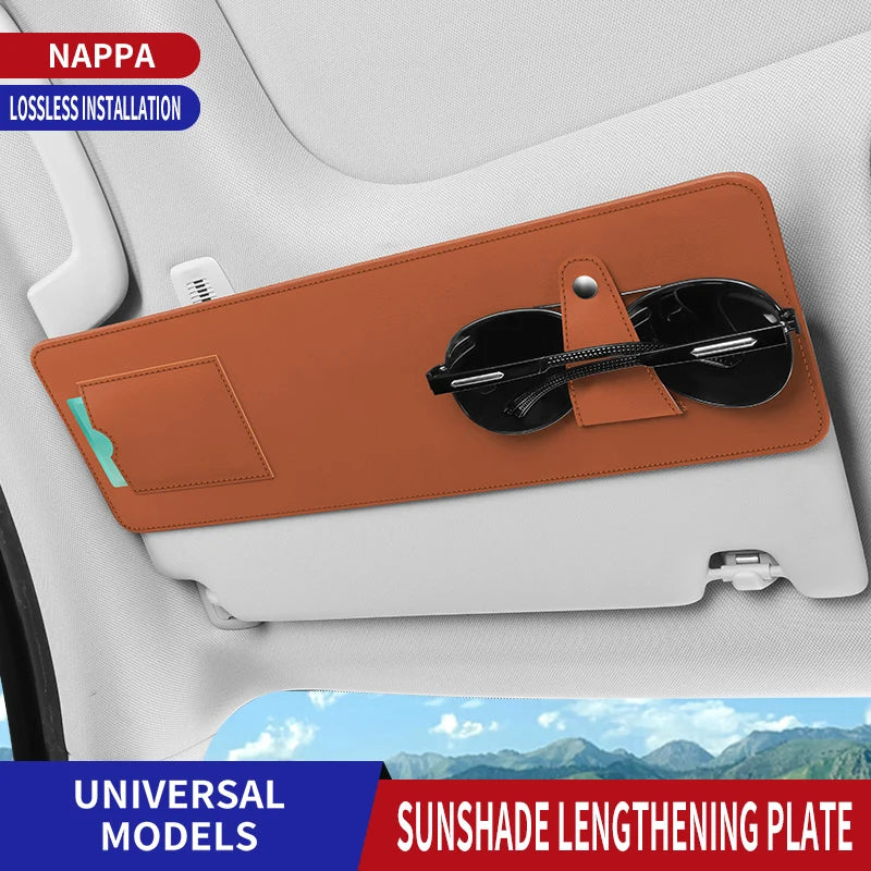 Car Sun Visor Extended Storage Board – Multi-Functional Anti-Glare Sunshade with Glasses & Card Holder - Delicate Leather  
