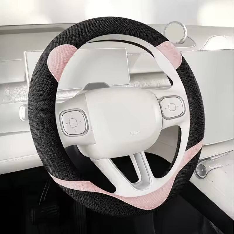 Kawaii Linen Steering Wheel Cover – Cute Bear Ear Universal 38CM Non-Slip Grip - Delicate Leather